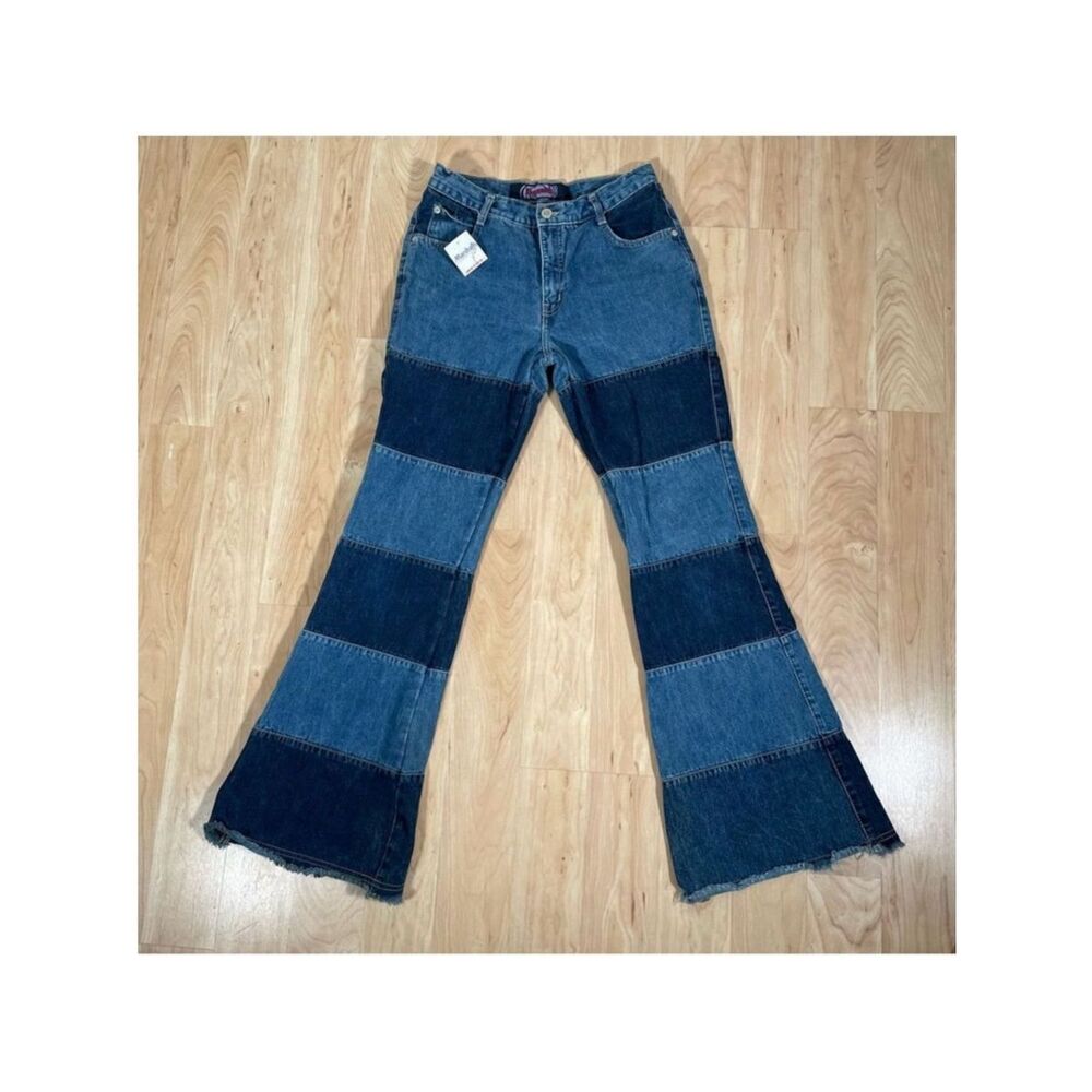 NWT Liquid Sz 9 Subdued Patchwork flare high rise trendy unique awesome jeans